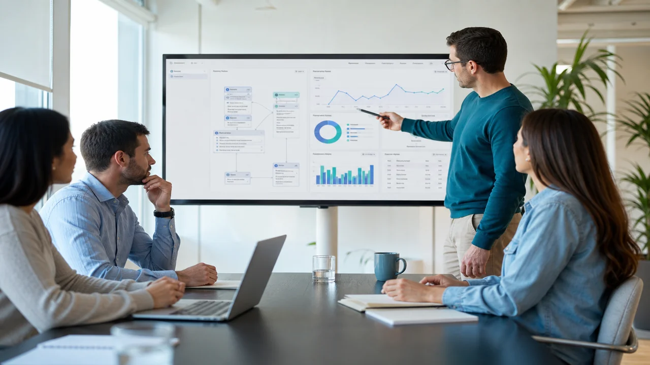 Team reviewing an enterprise conversational AI dashboard in a bright office