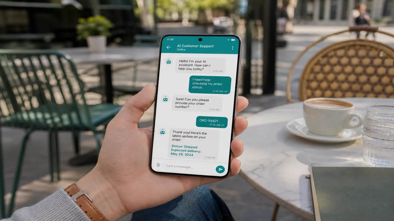 Person holding a smartphone showing a bright AI customer support chatbot app