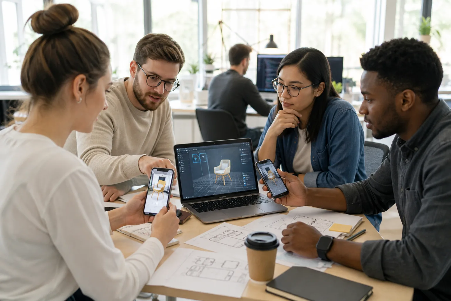 Product team designing an augmented reality app on phones and laptops