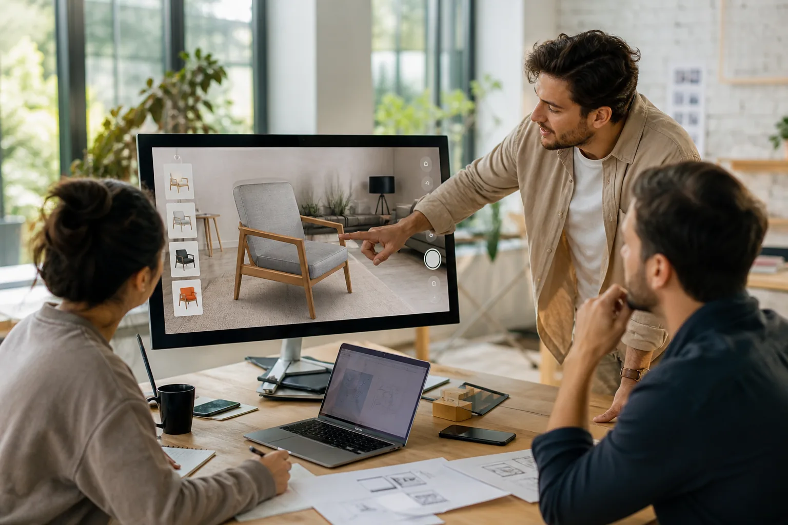 Team reviewing an augmented reality app prototype in a bright modern office