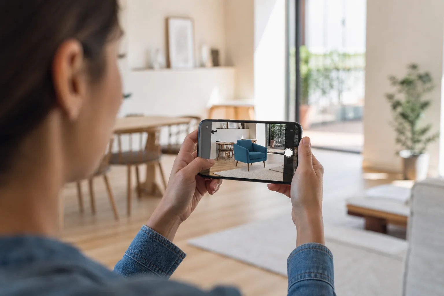 Person using a smartphone augmented reality app to visualise a product in a modern space