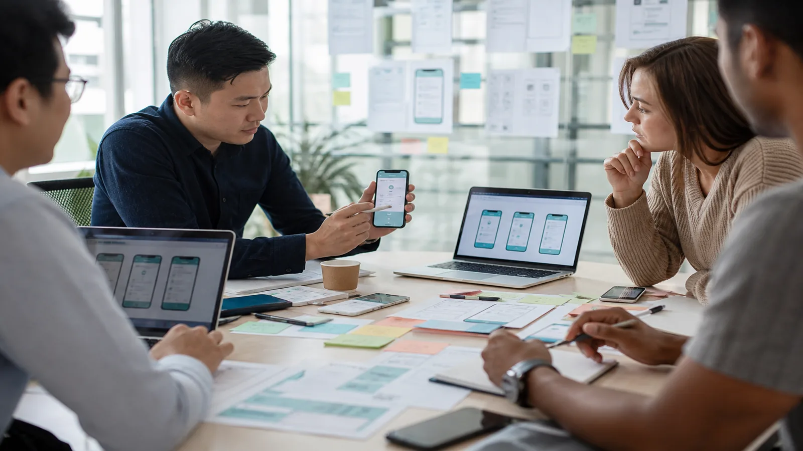 Product team designing a digital banking mobile app on phones and laptops