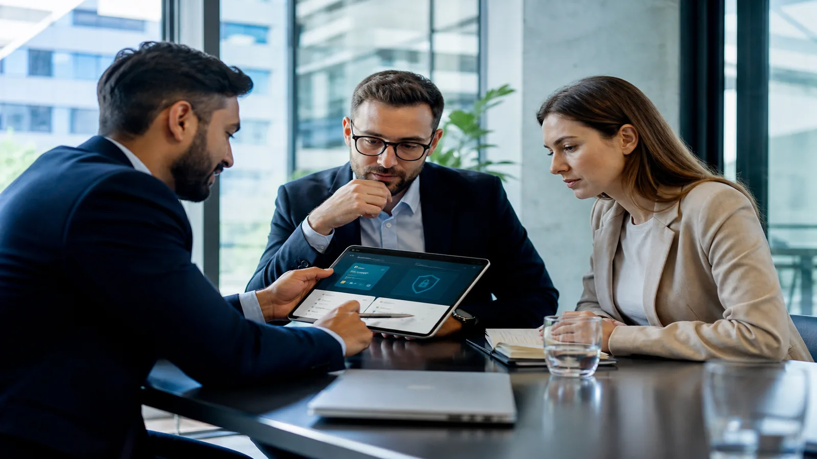 Team reviewing a secure digital banking prototype in a bright modern office