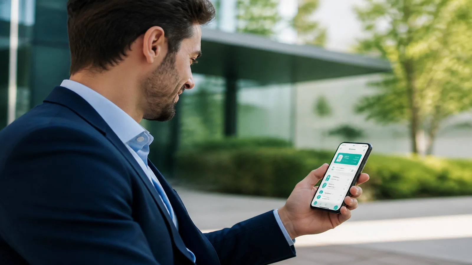 Professional holding a smartphone showing a digital banking payment app outdoors
