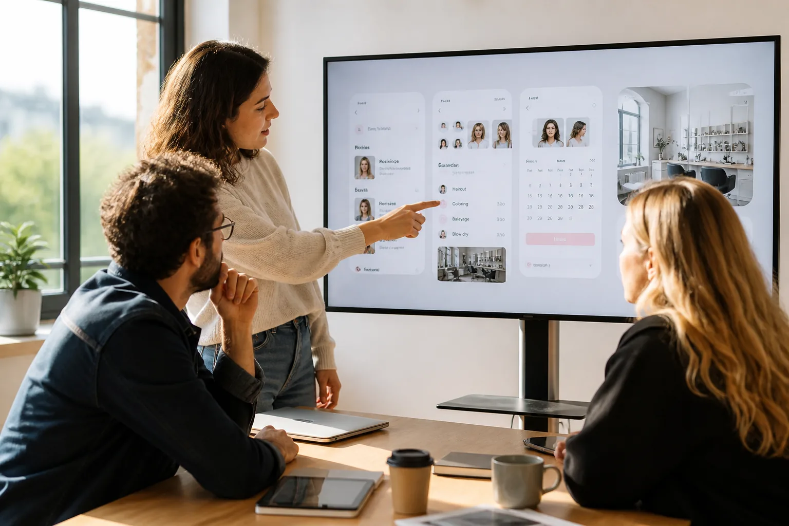 Team reviewing a beauty salon booking platform prototype in a bright modern office