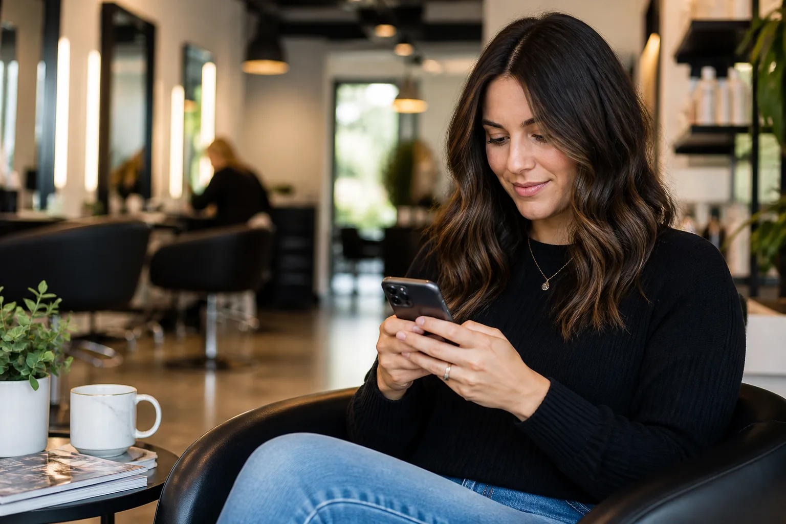 Customer in a modern salon using a smartphone booking app