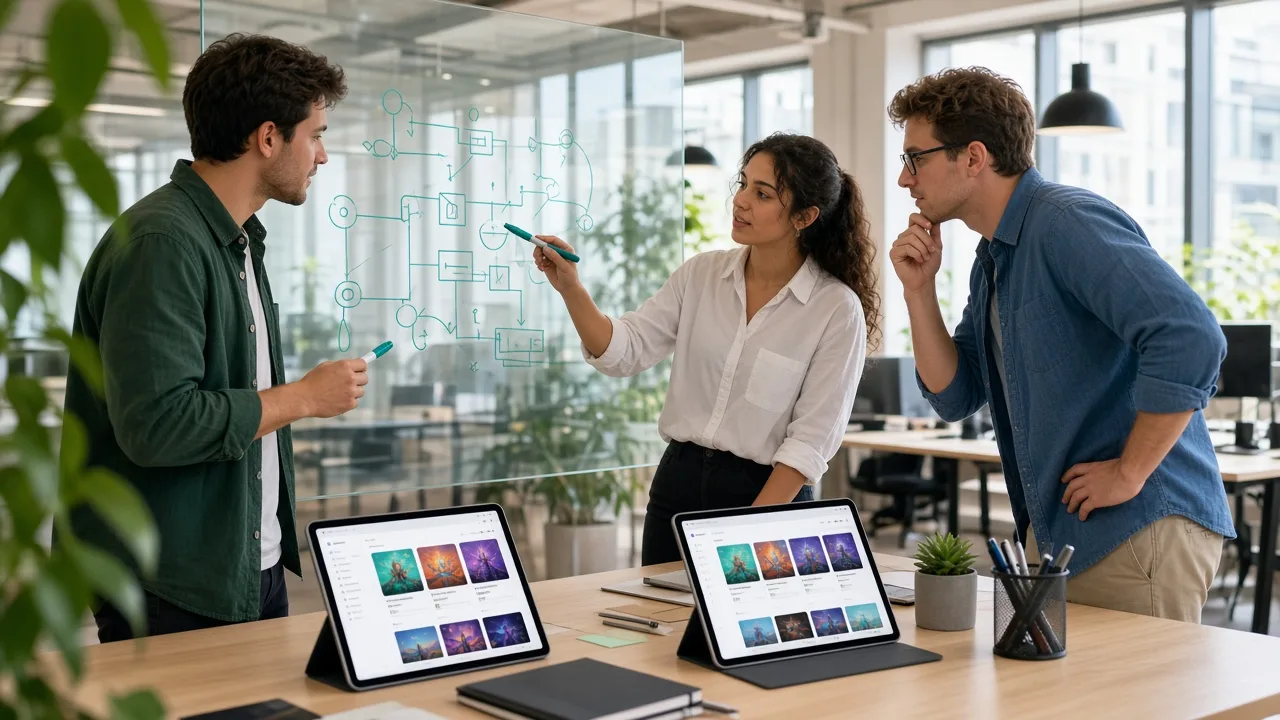 Engineering team designing a Web3 and blockchain app architecture in a bright office