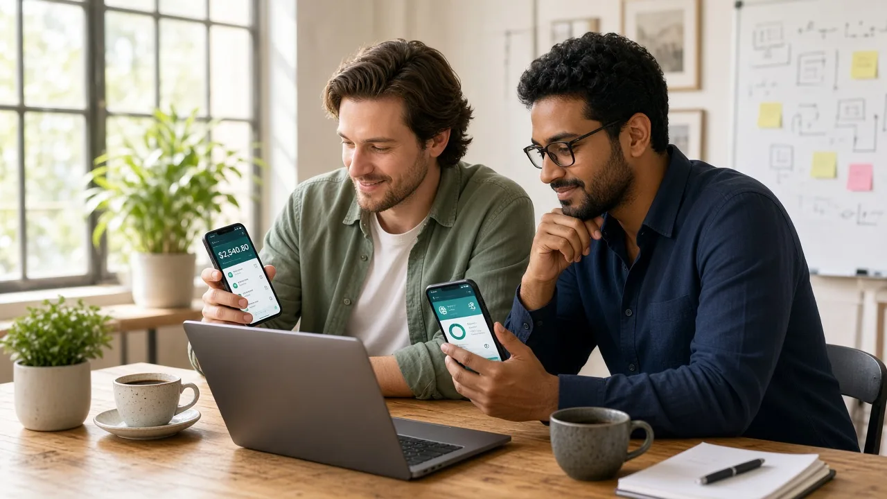 Team reviewing a blockchain payment and DeFi mobile prototype in a sunlit loft