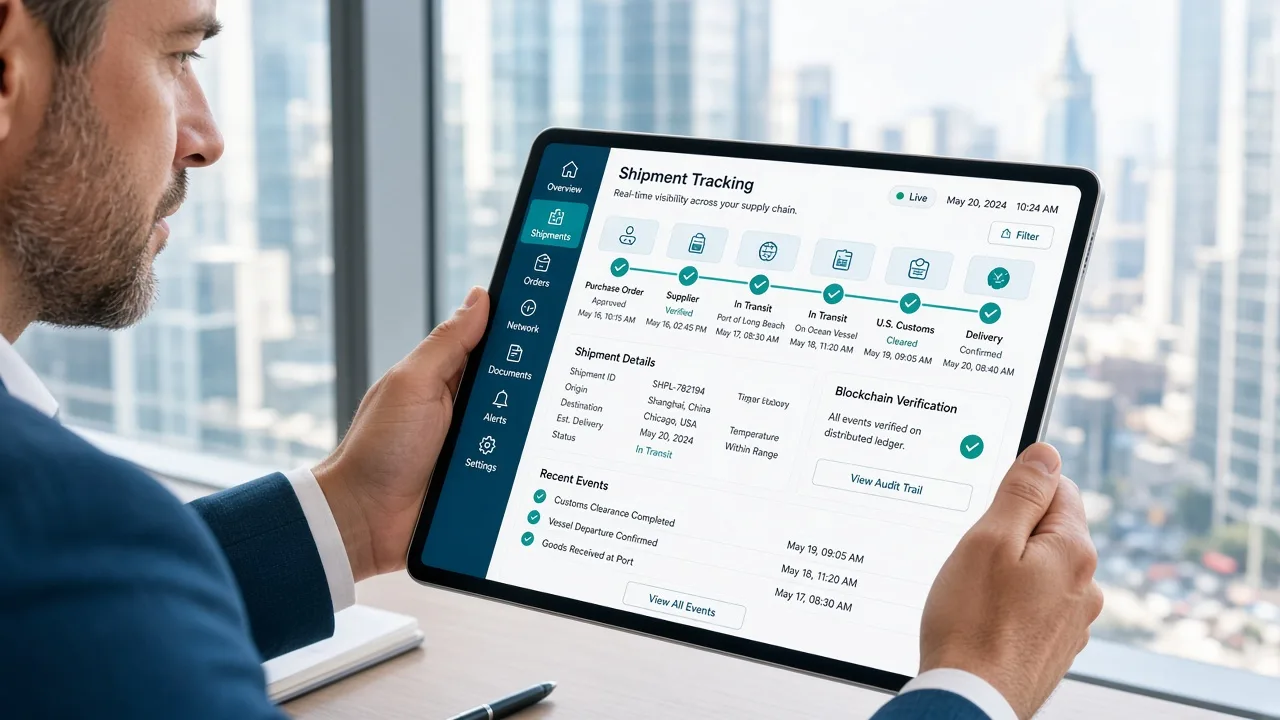 Professional using a tablet for enterprise blockchain supply-chain tracking