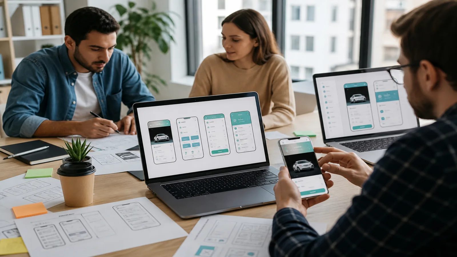 Product team designing a car rental booking app on phones and laptops