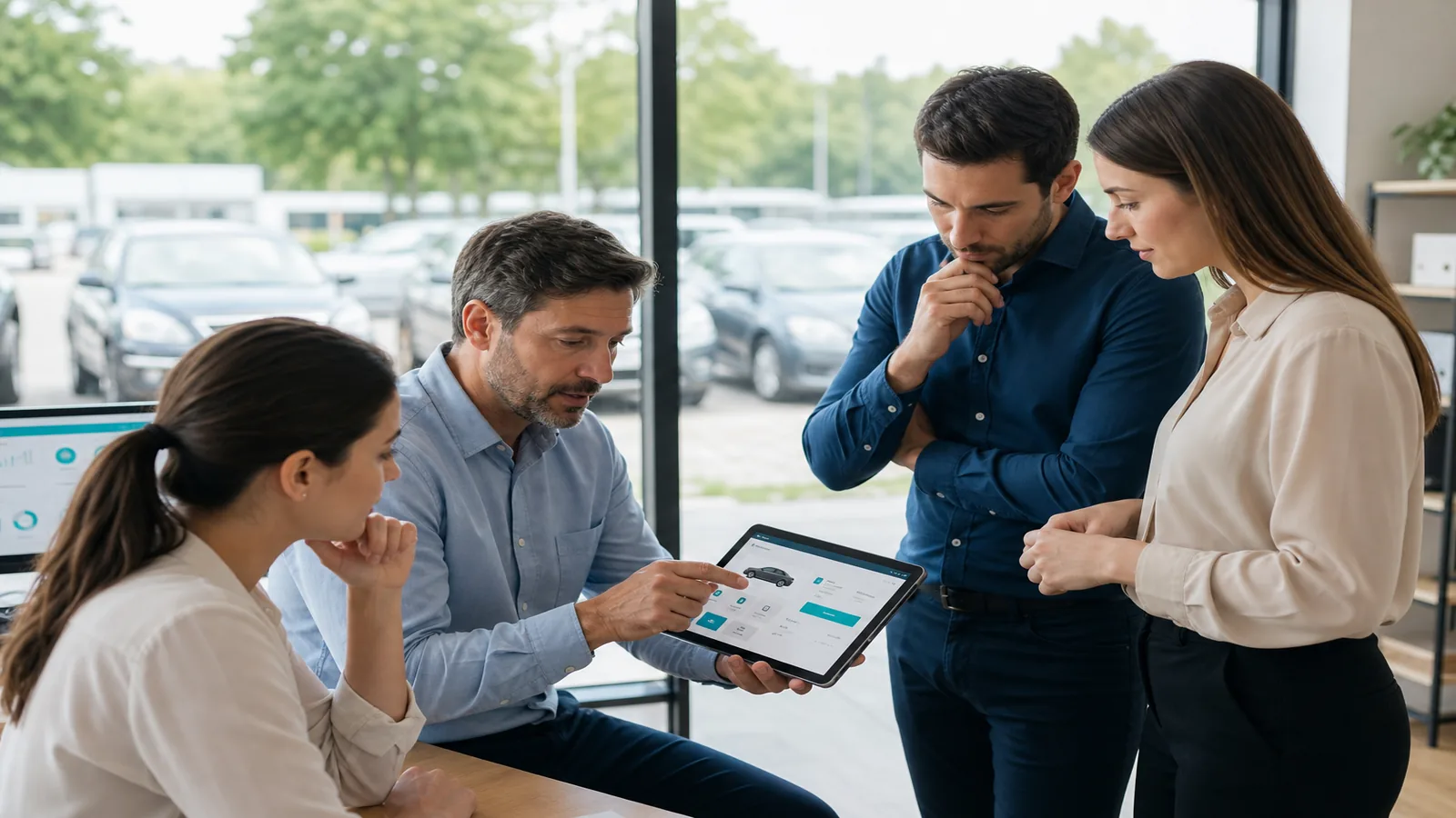Team reviewing a car rental booking prototype in a bright modern office