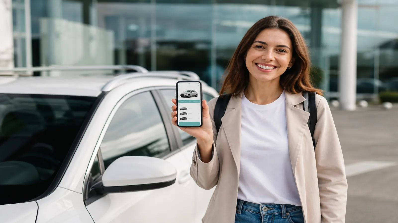 Person standing beside a rental car holding a smartphone showing a car rental booking app