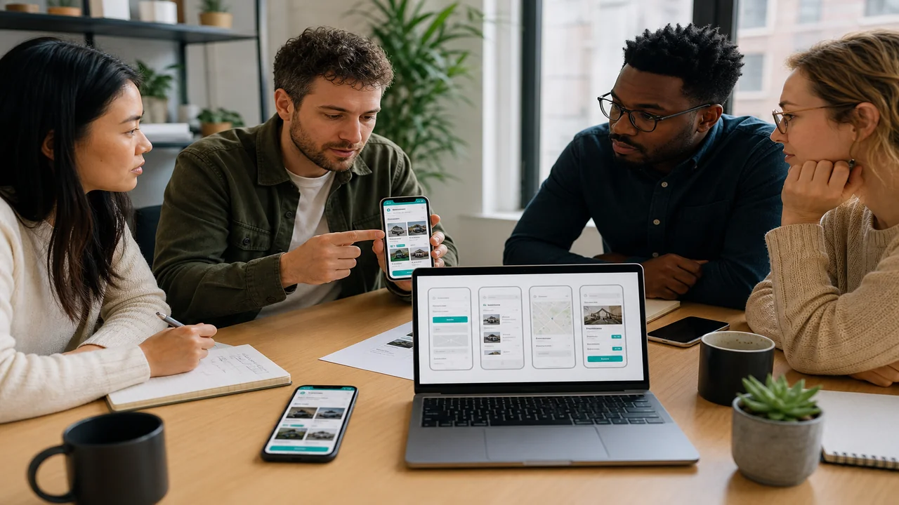 Product team designing a classified marketplace app on phones and laptops