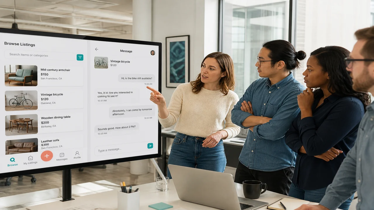 Team reviewing a classified marketplace app prototype in a bright modern office