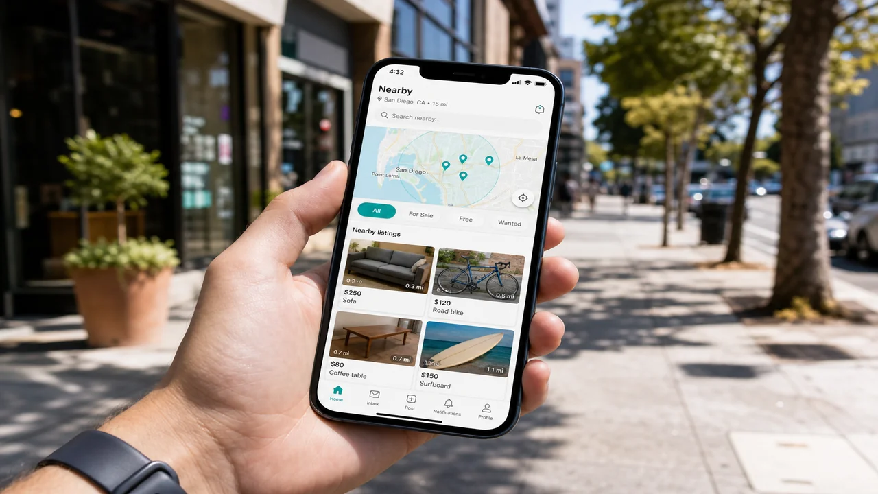 Smartphone showing a bright classified buy-and-sell marketplace app on a city street