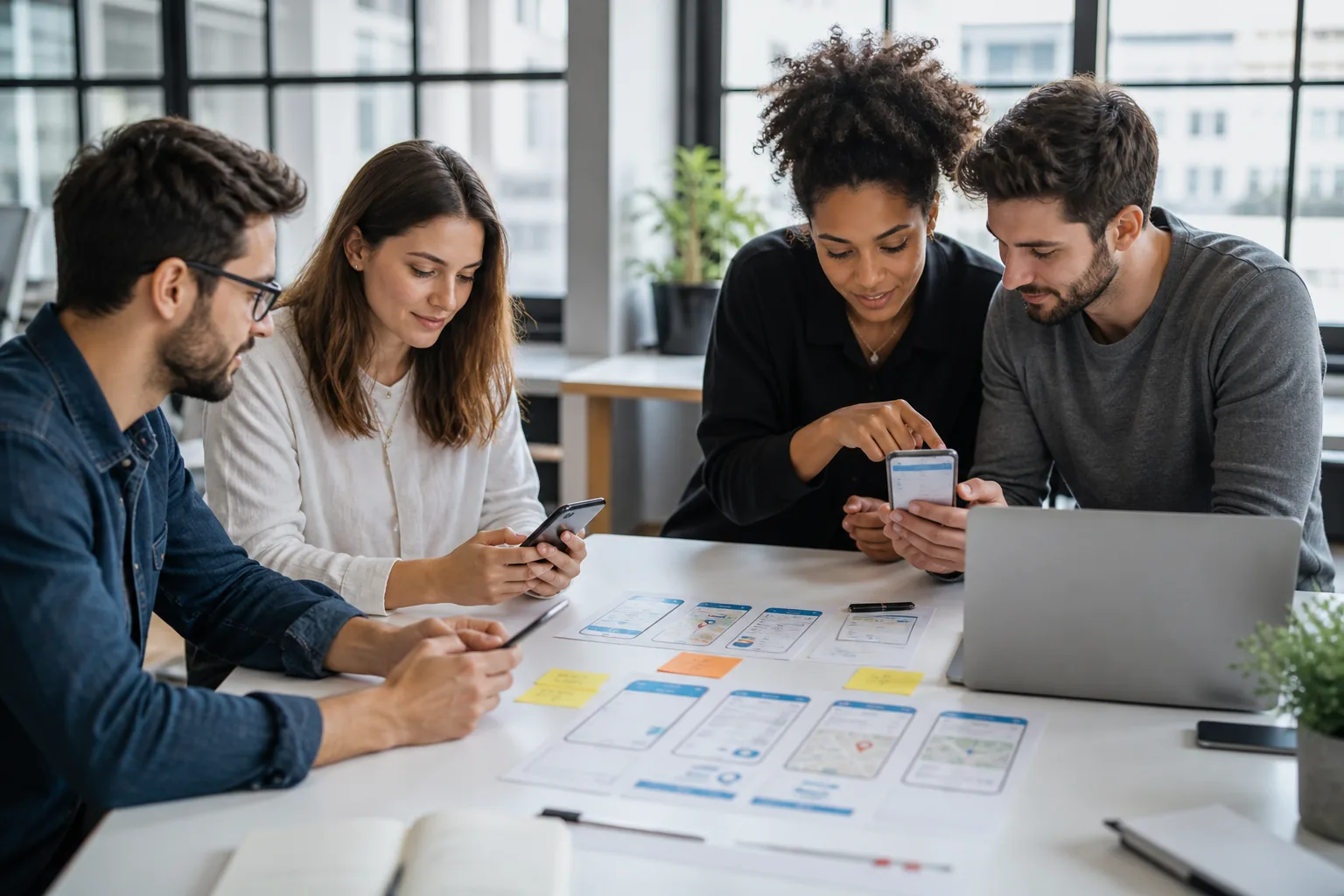 Product team designing a courier delivery app on phones and laptops