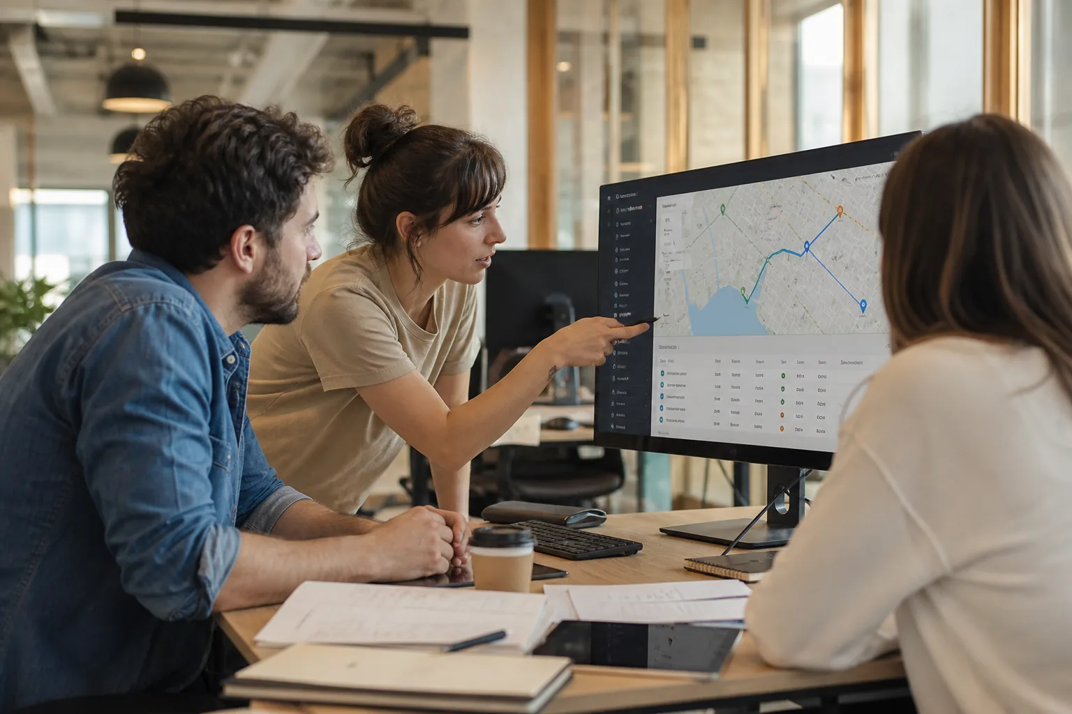 Team reviewing a courier delivery platform prototype in a bright modern office