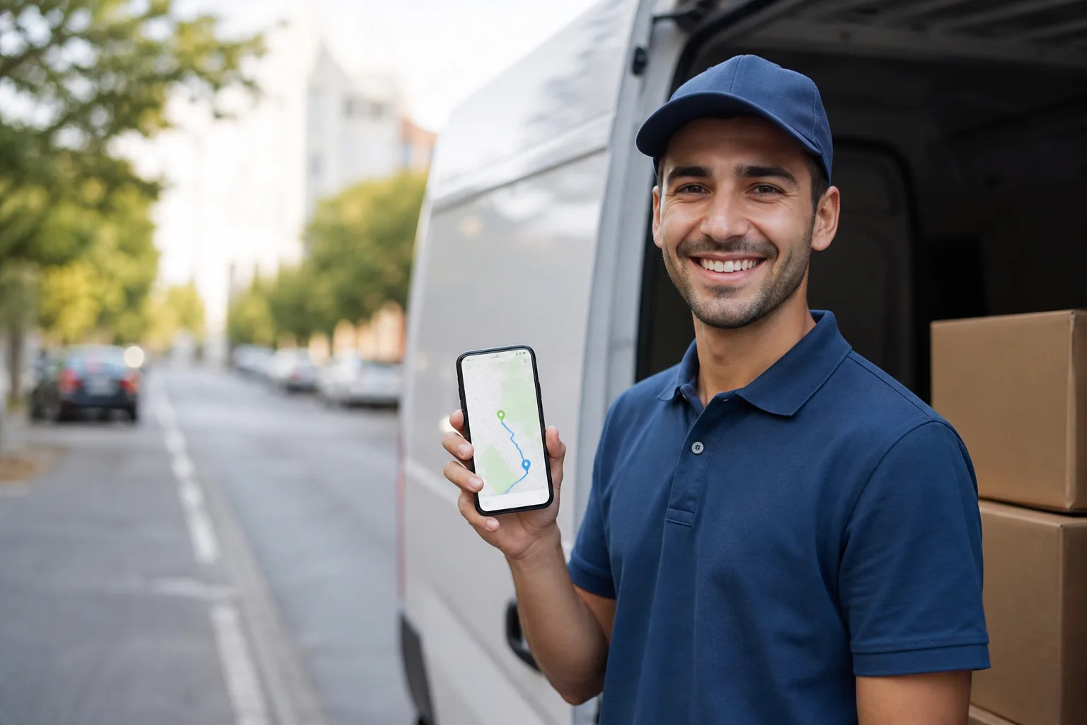 Courier driver using a smartphone delivery tracking app beside a delivery van