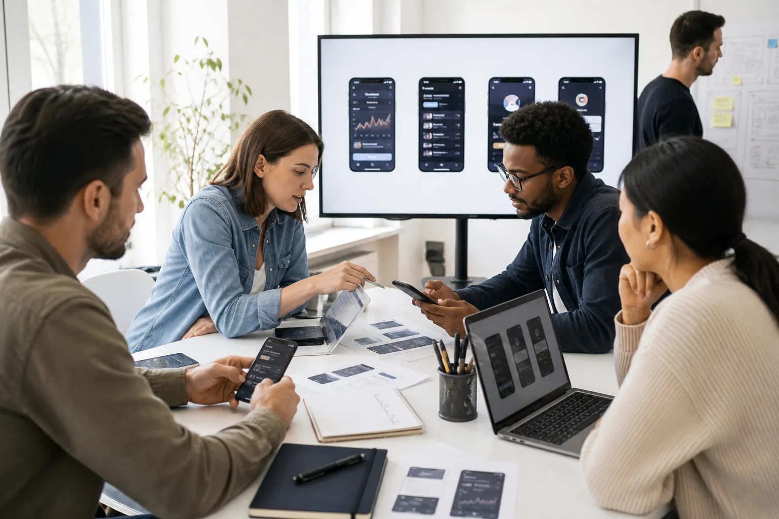 Product team designing a crypto wallet app on phones and laptops
