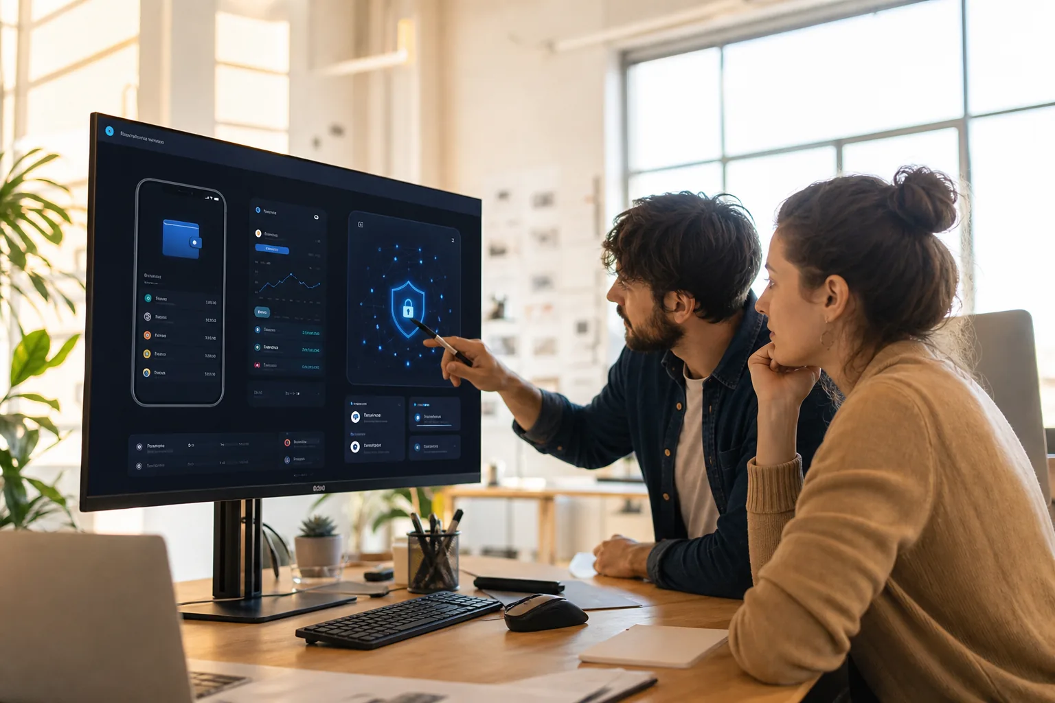 Team reviewing a crypto wallet platform prototype in a bright modern office