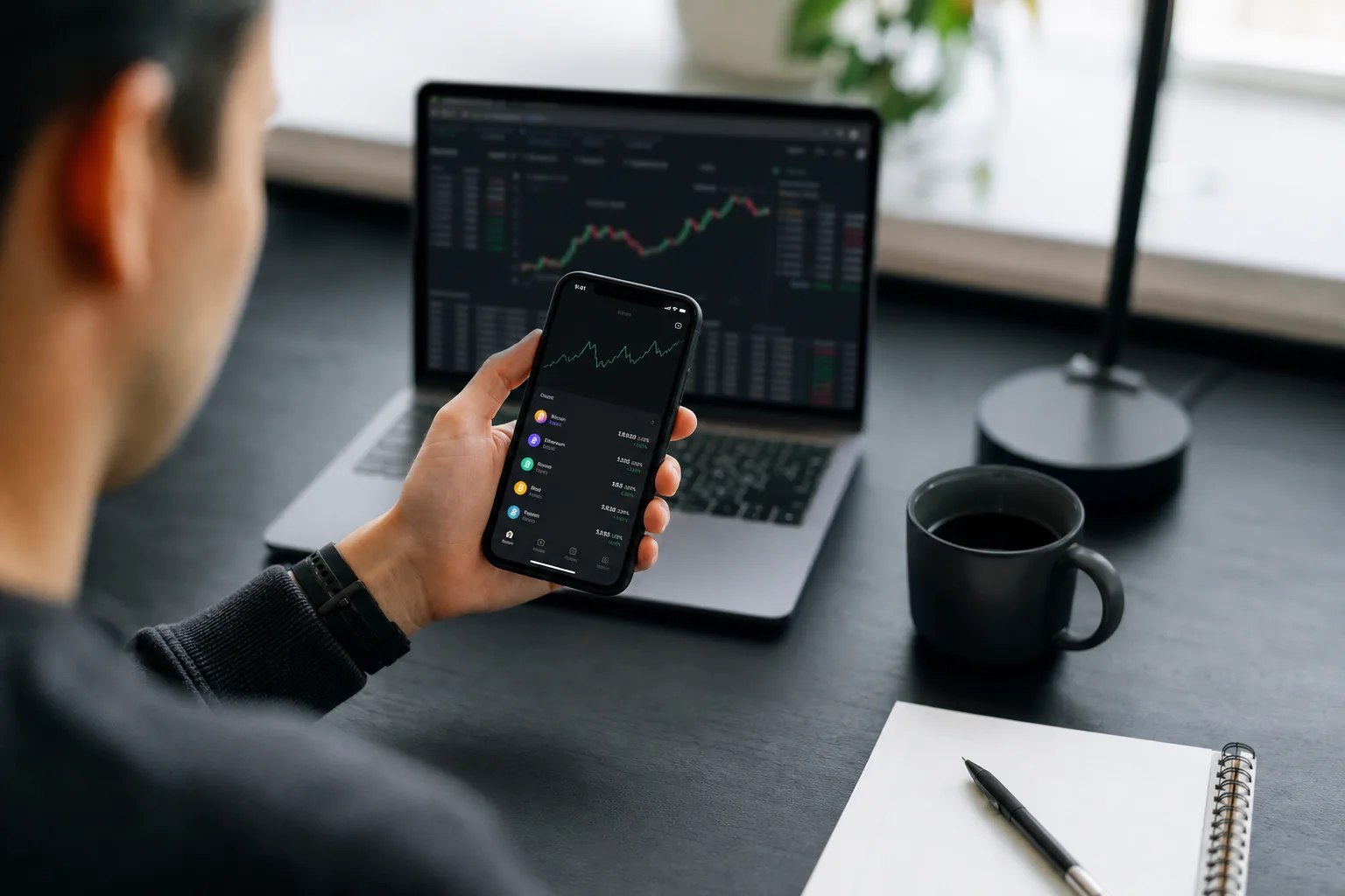 Person using a smartphone crypto wallet app in a modern workspace