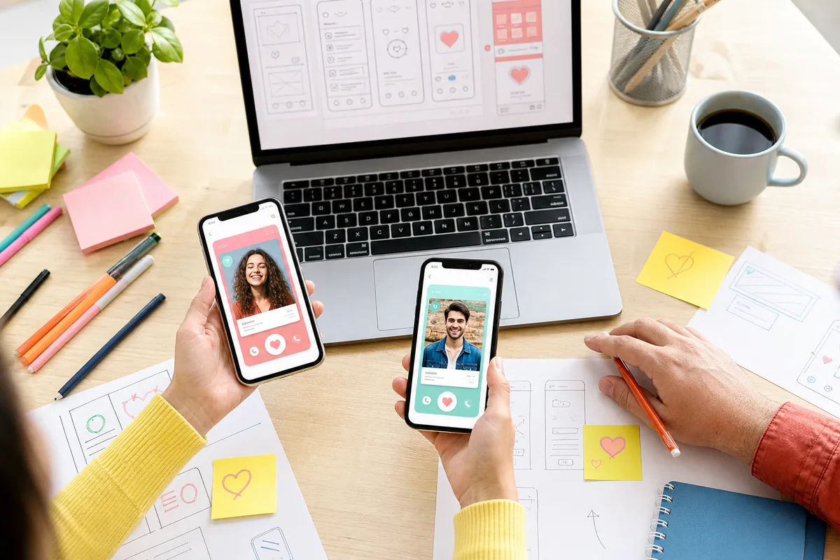 Product team designing a dating app interface on phones and laptops