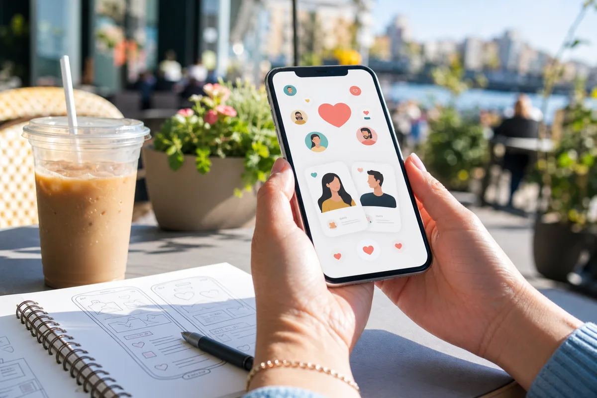 Smartphone showing a bright dating app interface on a sunny cafe table