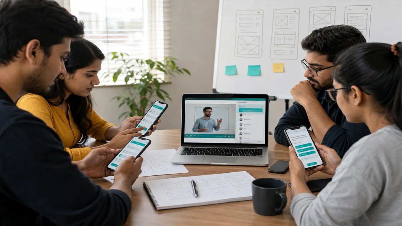 Product team designing an eLearning education app on phones and laptops
