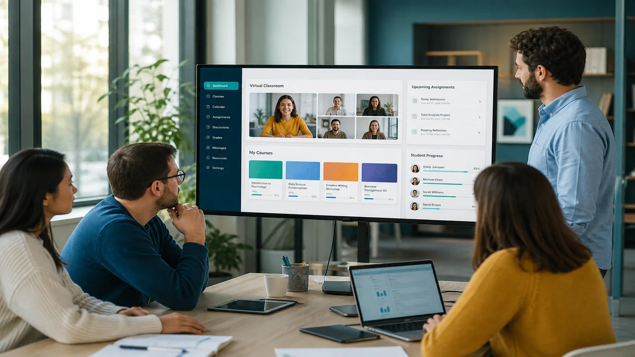 Team reviewing an LMS education platform prototype in a bright modern office
