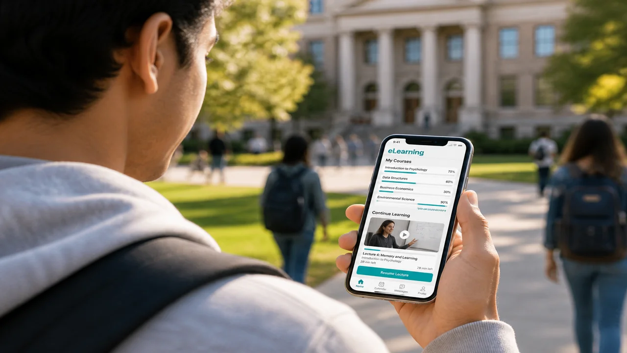 Person holding a smartphone showing a bright eLearning course app on a sunny campus