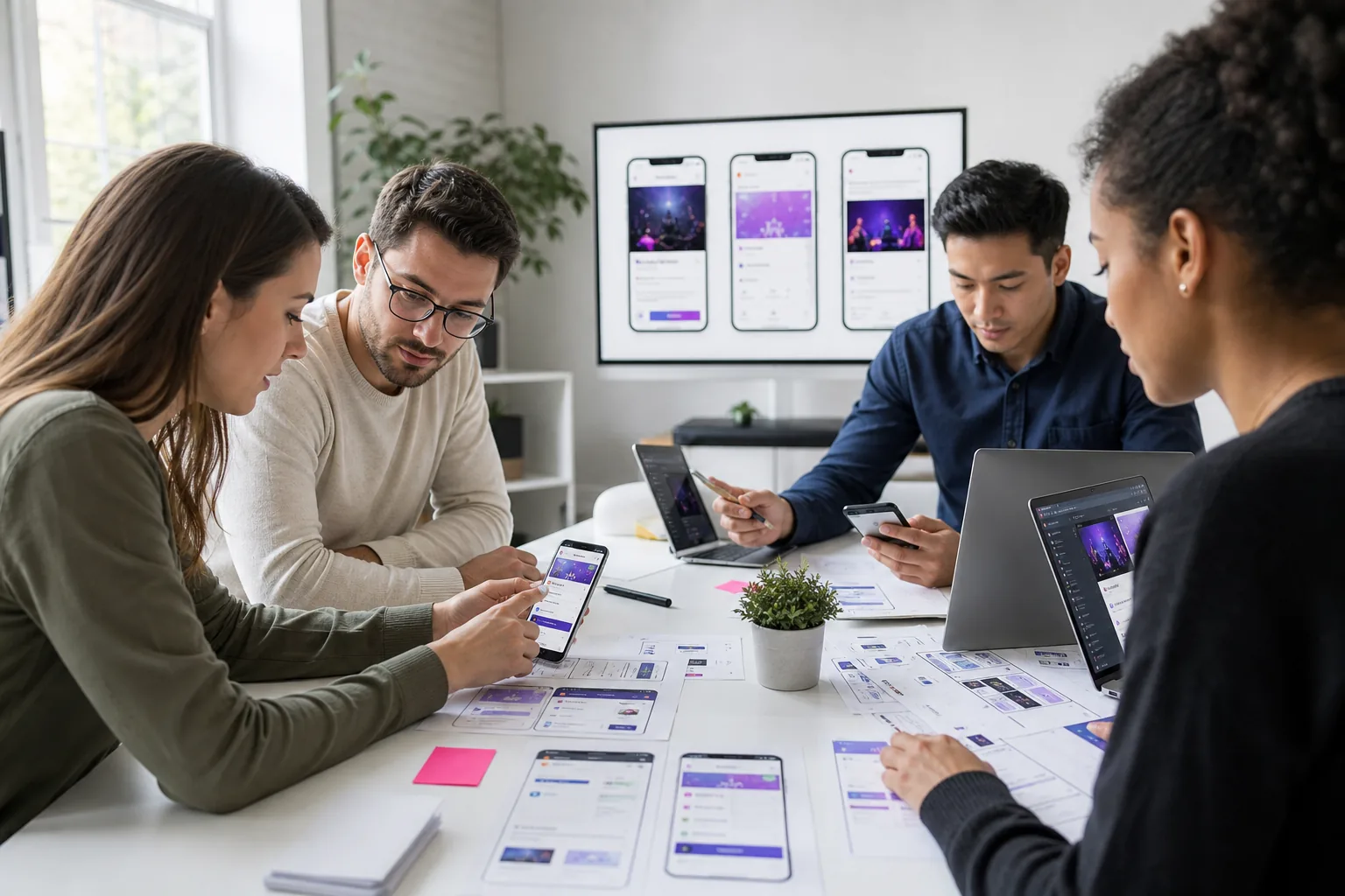 Product team designing an event management app on phones and laptops
