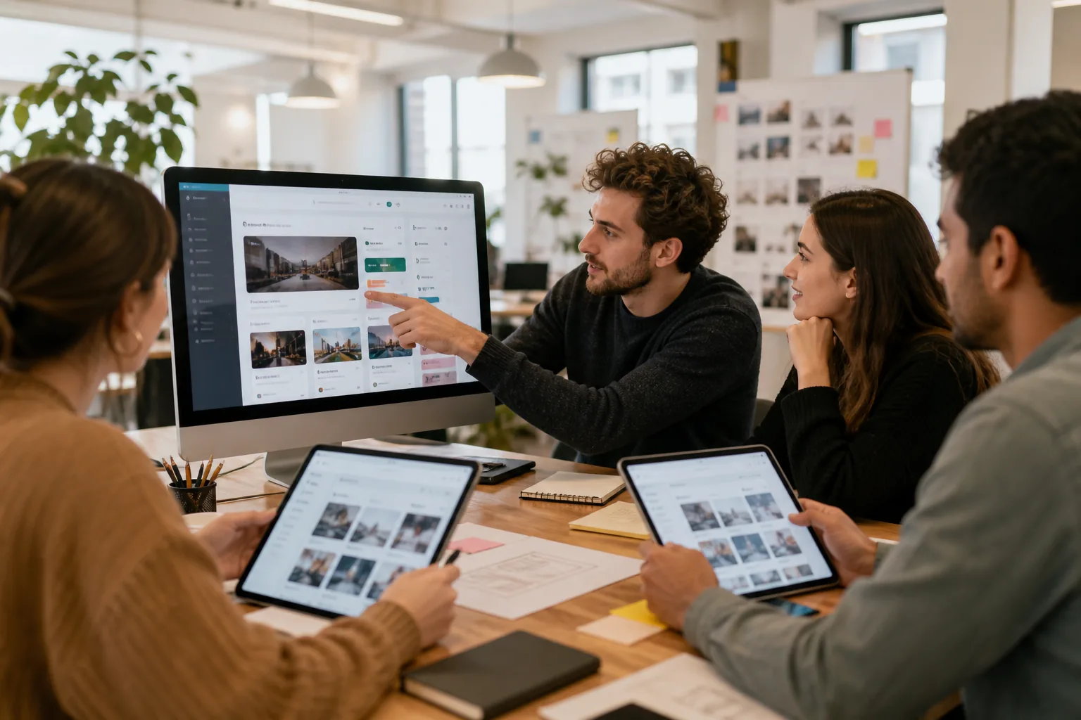 Team reviewing an event booking platform prototype in a bright modern office
