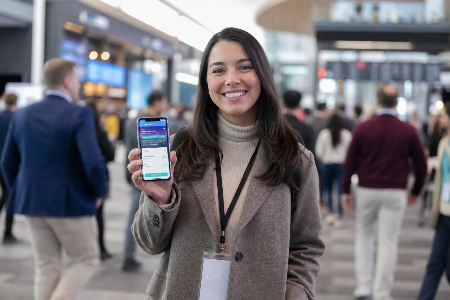 Attendee at a conference holding a smartphone showing an event booking app