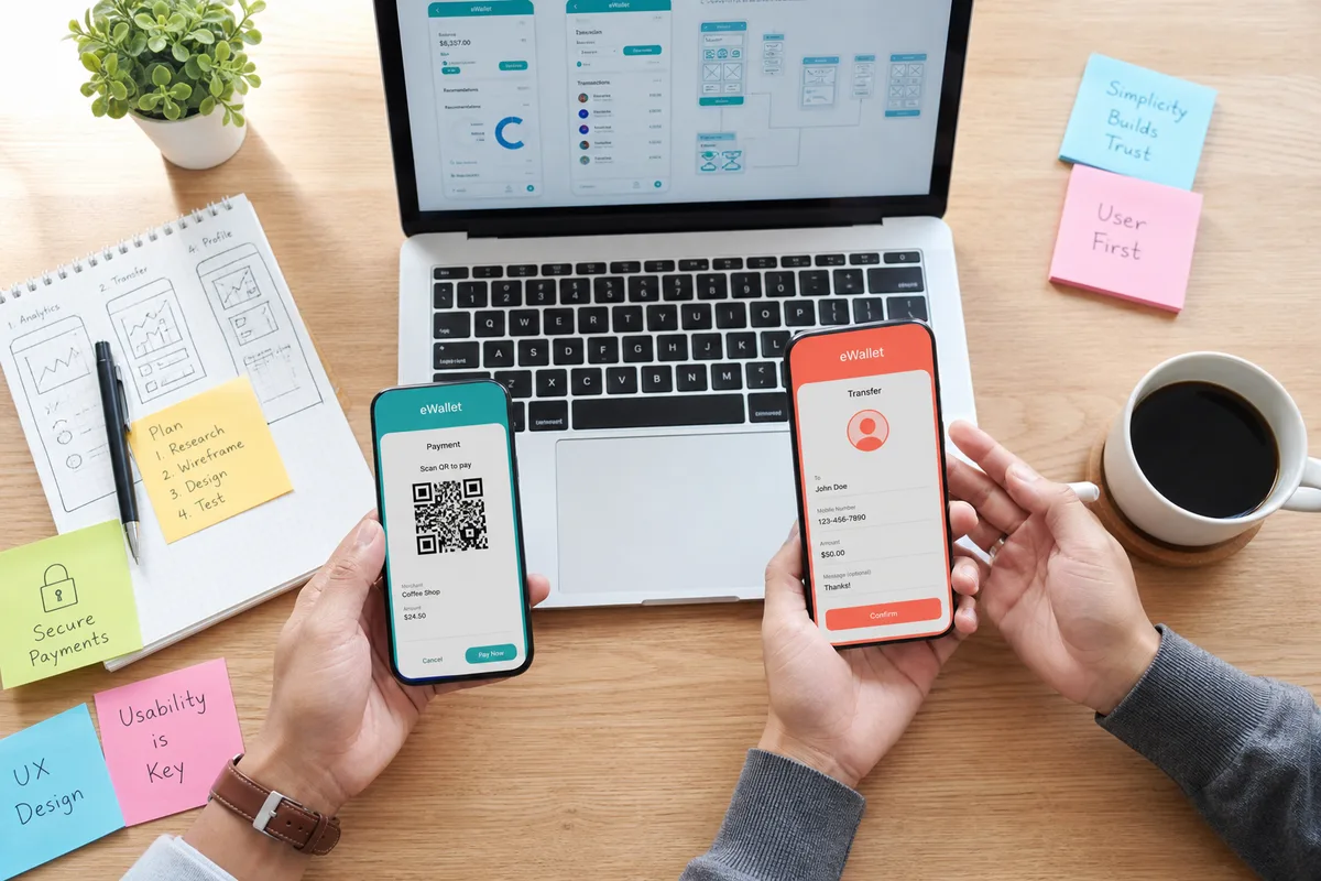 Product team designing an eWallet payment app on phones and laptops