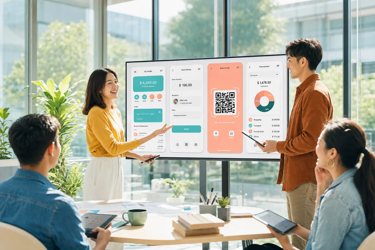 Team presenting an eWallet app prototype in a bright fintech office