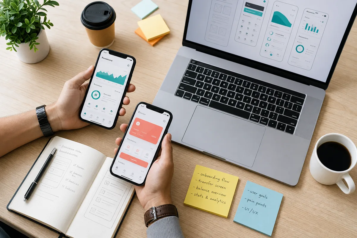 Product team designing a fintech banking app on phones and laptops