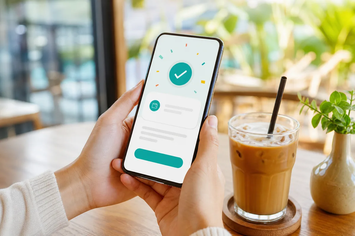 Smartphone showing a bright fintech payment confirmation screen