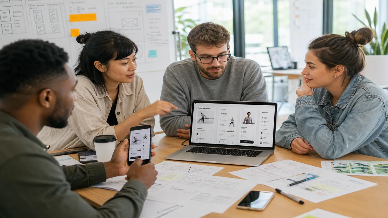 Product team designing a fitness workout tracking app on phones and laptops