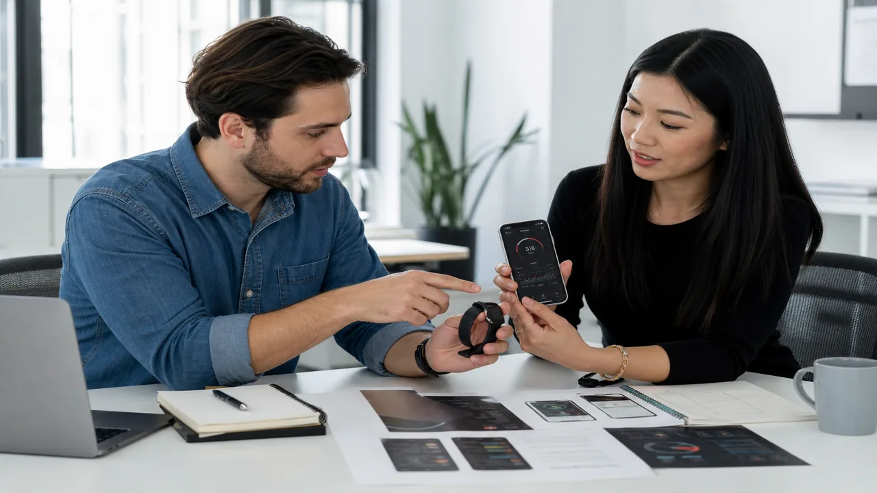Team reviewing a wearable fitness app prototype in a bright modern office