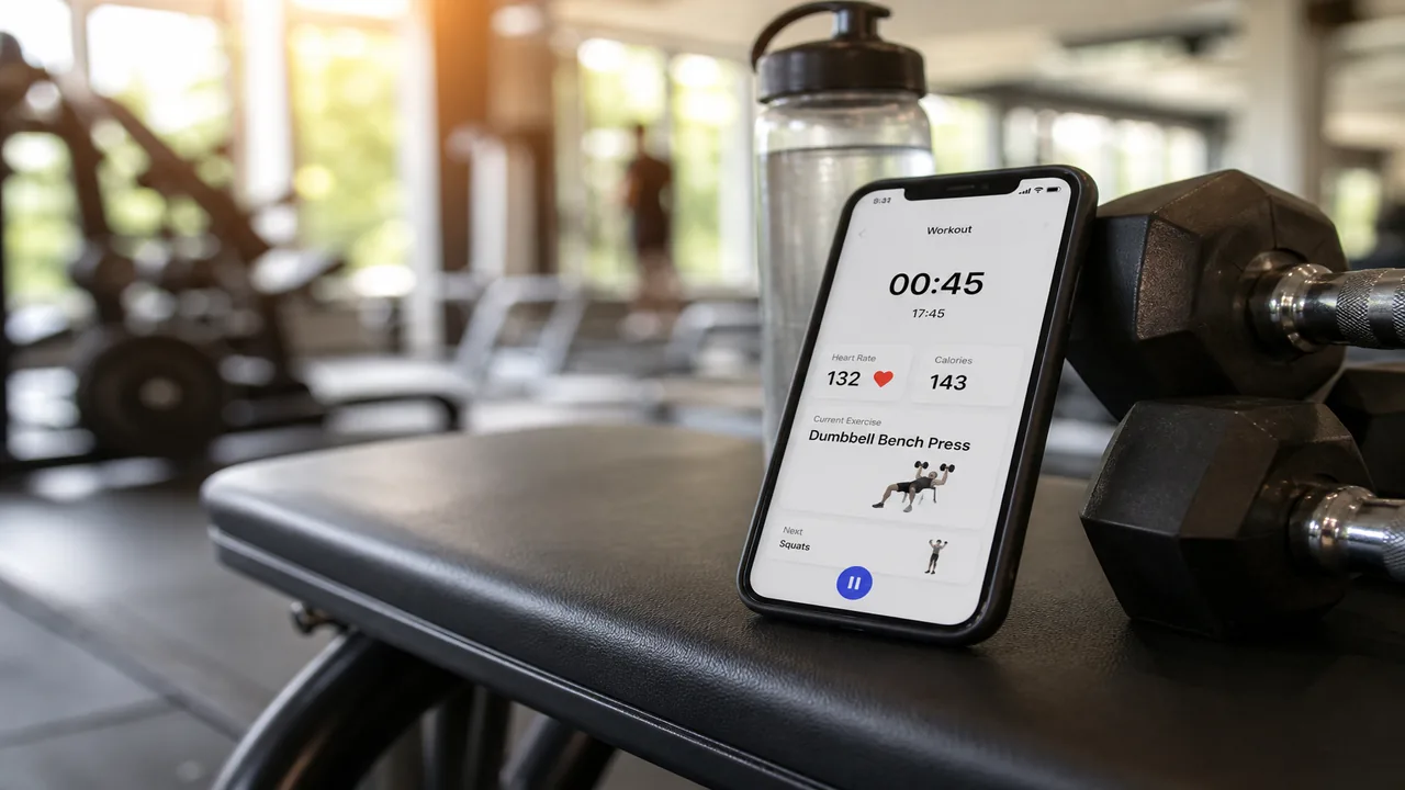 Smartphone showing a bright fitness workout tracking app in a gym setting