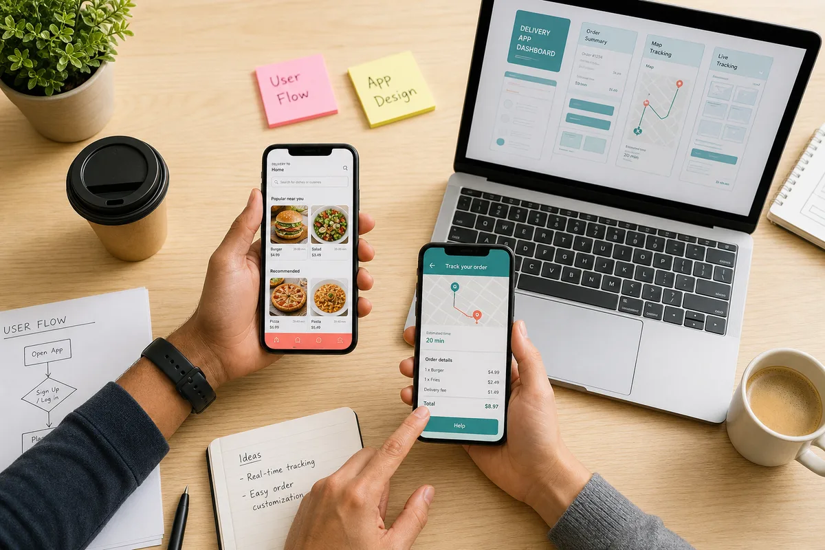 Product team designing a food delivery app on phones and laptops