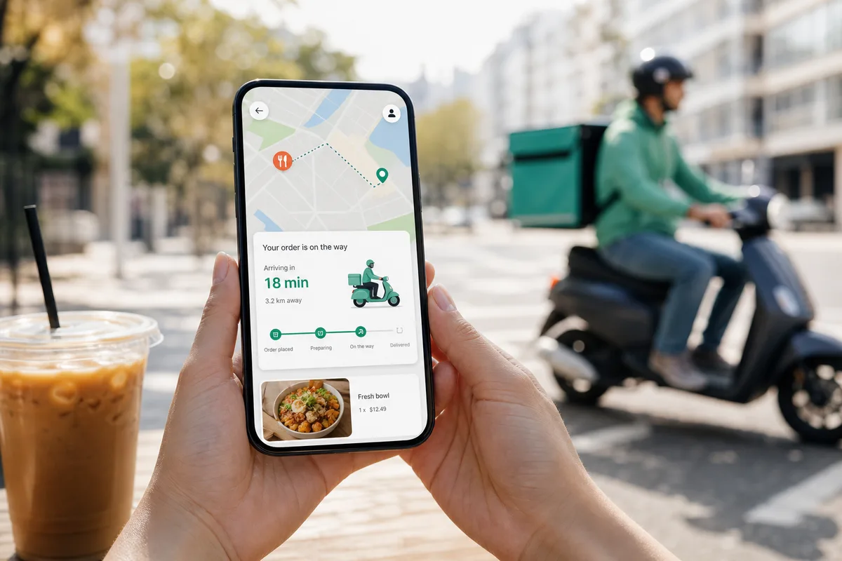 Smartphone showing a bright food delivery tracking app on a sunny street