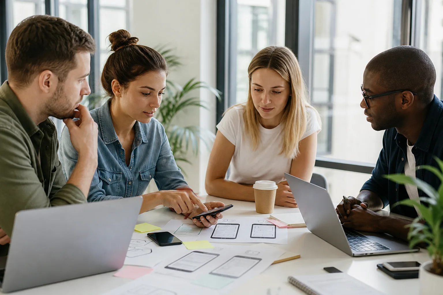 Product team designing a mobile app on phones and laptops in a bright modern office