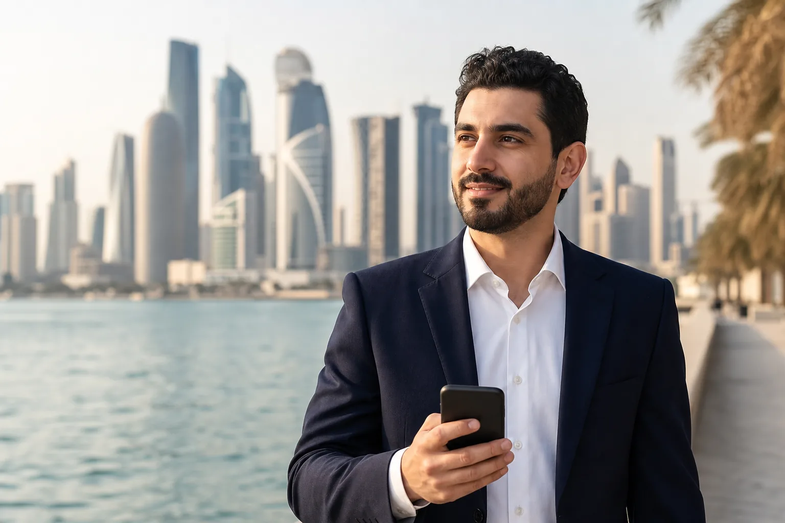 Business professional using a smartphone app with a coastal city skyline in the background