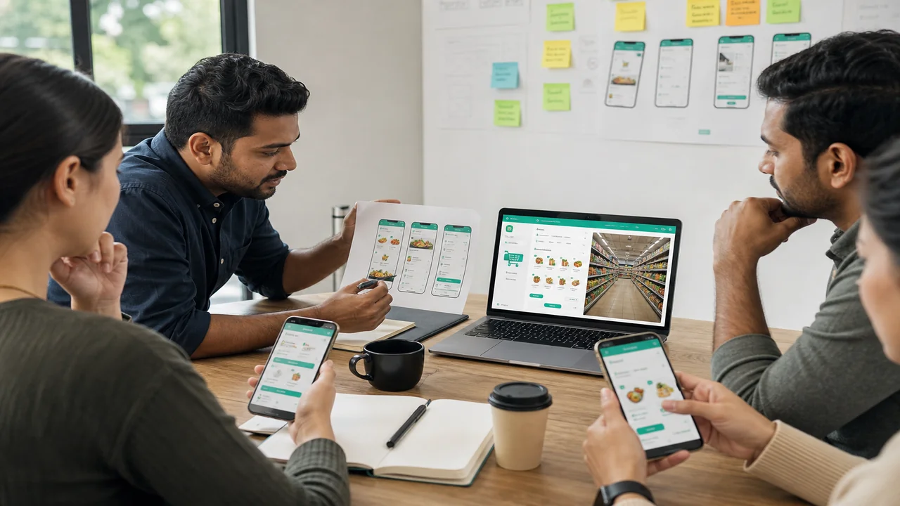 Product team designing a grocery delivery app on phones and laptops