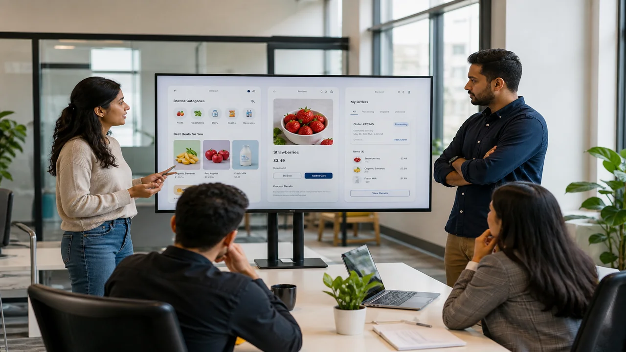 Team reviewing a grocery marketplace app prototype in a bright modern office