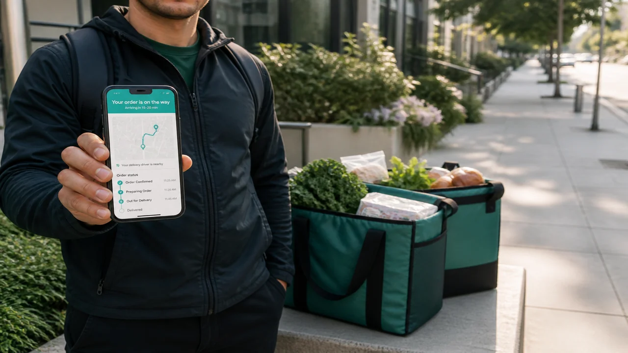 Courier holding a smartphone showing a grocery delivery tracking app on a sunny city sidewalk
