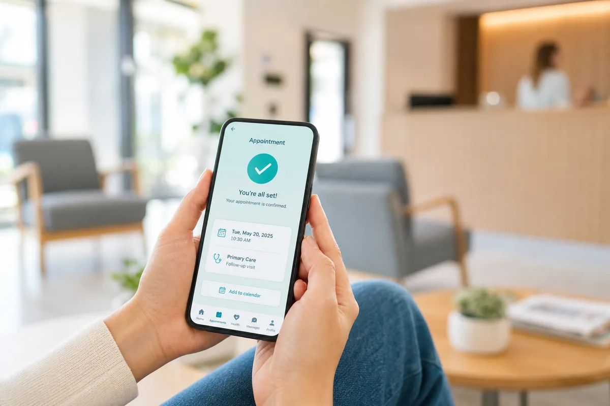 Smartphone showing a bright patient appointment confirmation in a clinic
