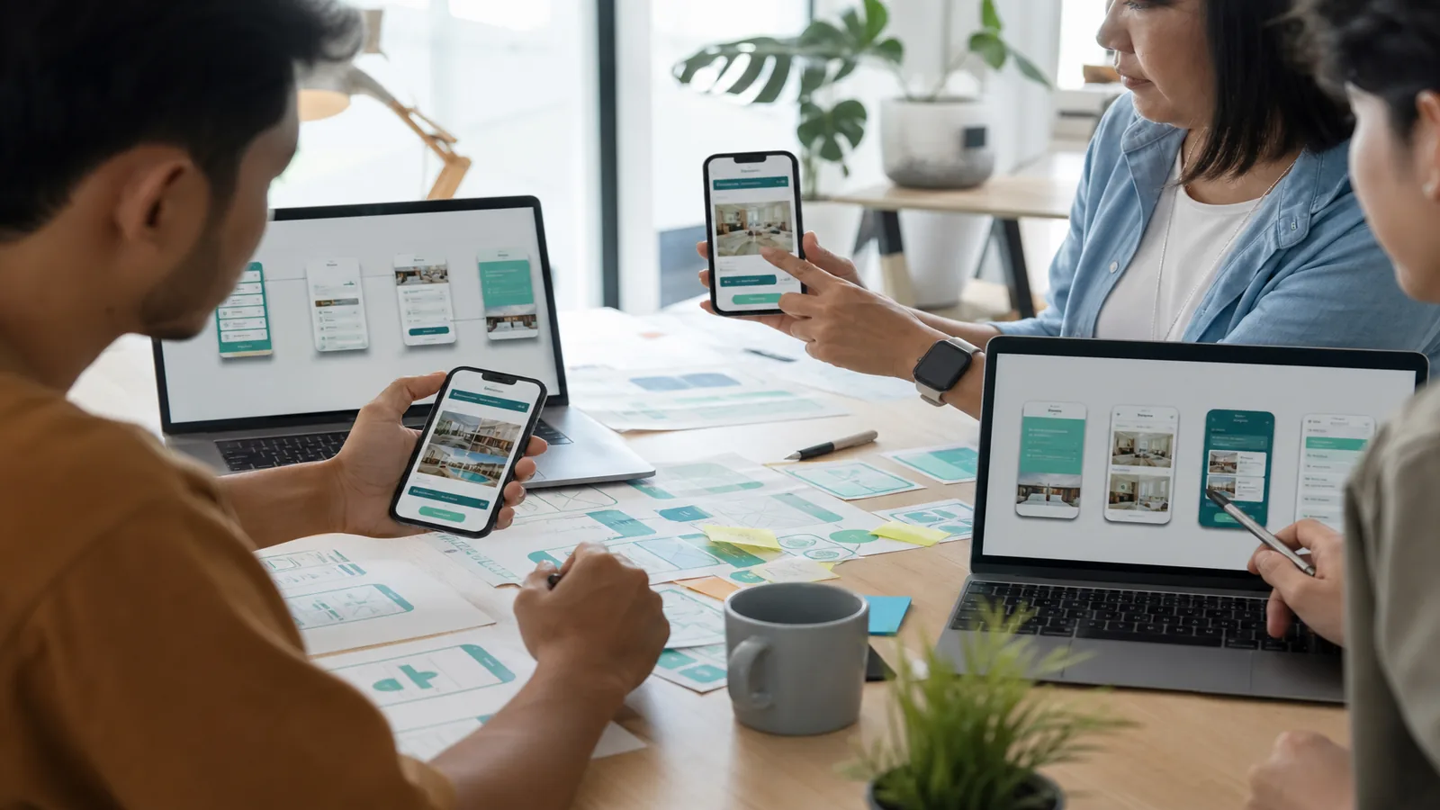 Product team designing a hotel booking app on phones and laptops
