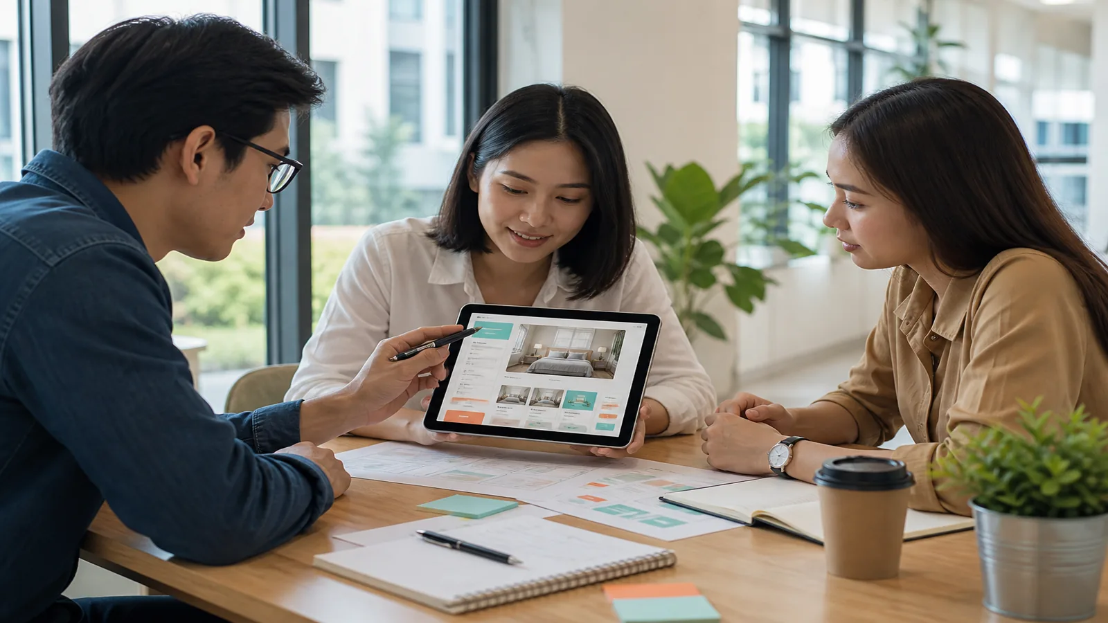 Team reviewing a hotel booking platform prototype in a bright modern office